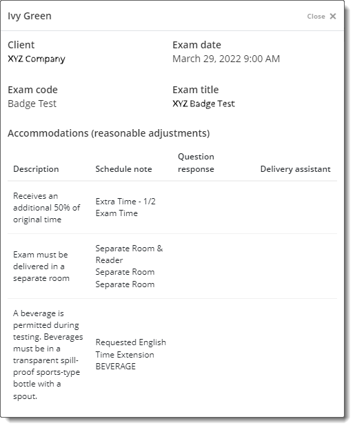 The exam details pop-up identifies the candidate, exam, and accommodation(s).